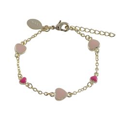 Hot Pink And Light Pink Enamel Hearts, Gold Plated Brass Chain, Bracelet, 5