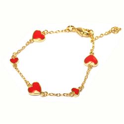 Red Enamel Hearts, Gold Plated Brass Chain, Bracelet, 4