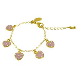 Five Pink Enamel Hearts With White Dots-Gold Plated Brass Bracelet- 4" 1"