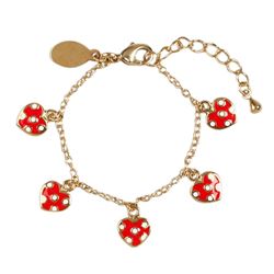 Five Red Enamel Hearts With White Dots-Gold Plated Brass Bracelet- 4" 1"