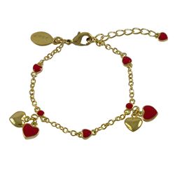 Red Enamel Heart Charms On A Gold Tone Brass Bracelet, 5