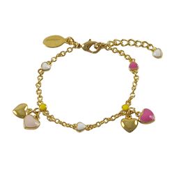 Pink Multi Enamel Heart Charms On A Gold Tone Brass Bracelet, 5