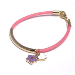 Hot Pink Cord, Purple Flower, White Heart Enamel Charms, Bracelet