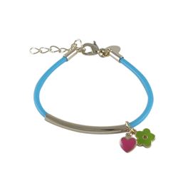 Turquoise Cord, Green Flower, Hot Pink  Heart - Enamel Charms, Bracelet