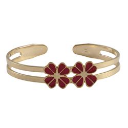 Red Enamel Four Leaf Clover, Gold Tone Brass Bangle