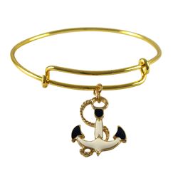 Gold Tone Plain Bracelet For Charms And Beads. Navy Anchor Charm