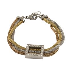 Tri Colored Mesh Brass Bracelet. With Square CZ Design 7.25