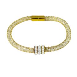 Gold Color Mesh With Beads Bracelet. 3 Round Rondells With White Czs.-7