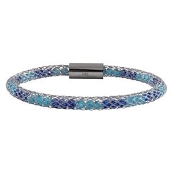 Aqua & Sapphire Crystal, In Rhodium Over Stainless Steel Mesh Bracelet, 7