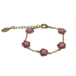 Hot Pink, Light Pink, And White Enamel Flowers, Gold Plated Brass Bracelet -5