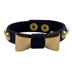 Gold Plated Stainless Steel Bow Design On Blue Color Leather Bracelet With Snap Closure, 7.5