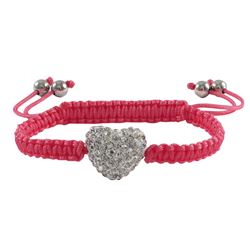 White 11X13mm Crystal Heart On Hot Pink Macrame Cord With Rhodium 5Mm Charm Beads Shamballa  Bracele