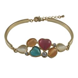 Multi Color Cat's Eye Stone With White Crystal, Heart Design, Gold Plated Brass Bangle Bracelet, 8