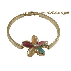 Multi Color Cat's Eye Stone 23Mm Flower, With White Crystal Center On Gold Plated Brass Bangle Brace