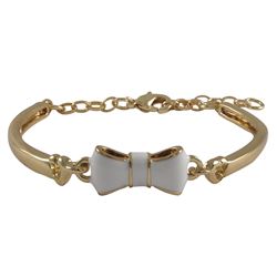 White Enamel Bow, Gold Plated Brass Bangle Bracelet, 5.5" 1"