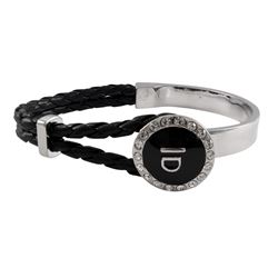 Black Braided Cord, Rhodium Plated Brass  Bangle Bracelet, Circle Center With White Crystals, 7.5