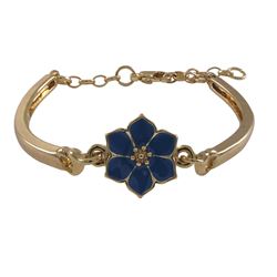 Cobalt Blue Enamel 12Mm Flower, Gold Plated Brass Bangle Bracelet, 5.5