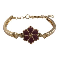 Burgundy Enamel 12Mm Flower, Gold Plated Brass Bangle Bracelet, 5.5