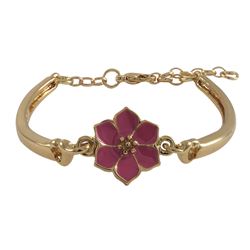 Hot Pink Enamel 12Mm Flower, Gold Plated Brass Bangle Bracelet, 5.5" 1"