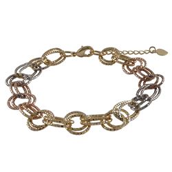 Tri Color Brass, Double Open Ovals And Circles Link Bracelet, 8