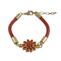 Burnt Orange 12Mm Flower With Crystals In Center, Burnt Orange Cord, Gold Plated Brass Bracelet, 4.5