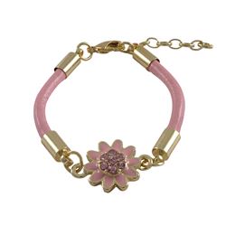 Pink 12Mm Flower With Crystals In Center, Pink Cord, Gold Plated Brass Bracelet, 4.5&Quot; 1&Quot;