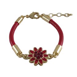 Red 12Mm Flower With Crystals In Center, Red Cord, Gold Plated Brass Bracelet, 5.5&Quot; 1&Quot;