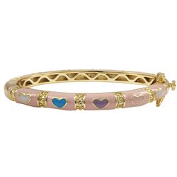 Pink Enamel, Multi Color Hearts-Gold Plated Brass Bangle