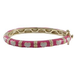 Hot Pink Enamel, White Hearts-Gold Plated Brass Bangle