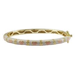 White Enamel, Pink Hearts-Gold Plated Brass Bangle