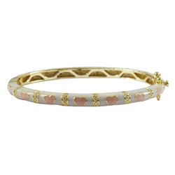 White Enamel, Pink Hearts-Gold Plated Brass Bangle