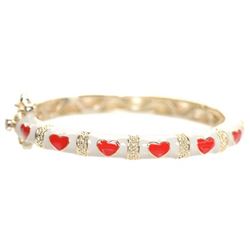 White Enamel, Red Hearts-Gold Plated Brass Bangle