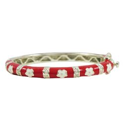 Red Enamel, White Flower-Gold Plated Brass Bangle