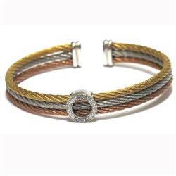 Tri Color Steel 3 Row Open Bangle With White CZ Circle In Center