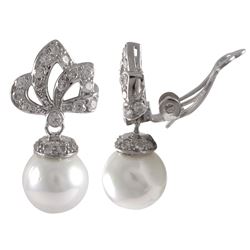 White 10Mm Shell Pearl Dangling, Rhodium Plated Sterling Silver CZ Clip Earrings, 1.04&Quot;