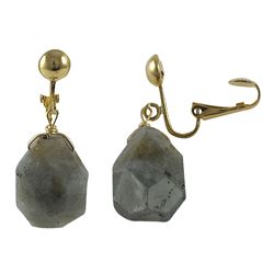 Labradorite(Grey) Semi Precious Stone On Gold Tone Brass Clip On Earrings- 1.38"