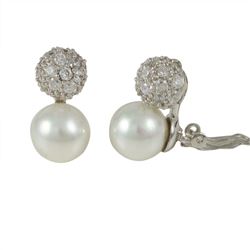 Sterling Silver-CZ Pearl Clip Earrings Shell Pearl