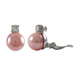 12Mm Pink Shell Pearl With CZ Clip Earrings- 0.75"