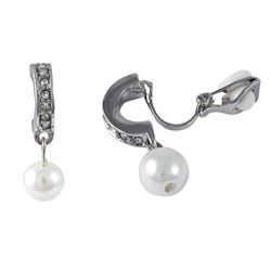 Silver Tone Alloy Hoop Clip Earrings With Crystals And Pearl -1