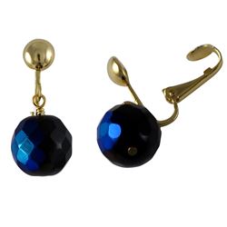 Blue AB 12Mm Facetted Fire Polished Bead On Gold Tone Brass Clip On Earrings -1.06"