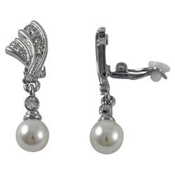 Silver Tone Alloy Clip Earrings With Crystals And Pearl -1.69