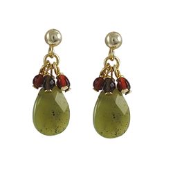 Olive Jade Combination Semi Precious Stones, Gold Plated Sterling Silver Post Earrings, 1"