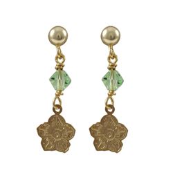 Gold Filled Post Earrings With Apple Green 4Mm Swarovski Bead And Gold Filled Flower Hanging, 0.98"