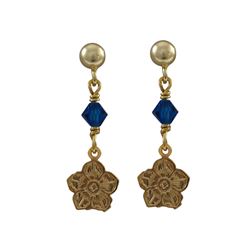 Gold Filled Post Earrings With Capri Blue 4Mm Swarovski Bead And Gold Filled Flower Hanging, 0.98"