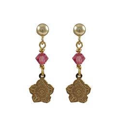 Gold Filled Post Earrings With Hot Pink 4Mm Swarovski Bead And Gold Filled Flower Hanging, 0.98"