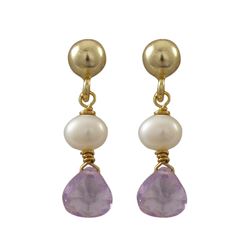 Gold Plated Sterling Silver Post Earrings With Dangling White 4Mm Pearl And Lavender 5X5mm Teardrop 