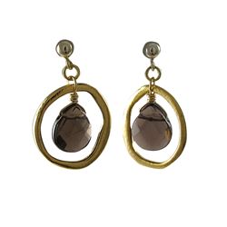 Smokey Semi Precious Stone In Gold Tone Brass Ring Sterling Silver Post Earrings- 1.14