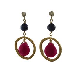 Ruby Semi Precious Stone In Gold Tone Brass Ring Sterling Silver Post Earrings -1.5