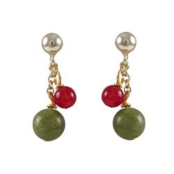 6Mm Olive Jade And 4Mm Red Carnelian Semi Precious Ball On Gold Tone Sterling Silver Ball Post Earri