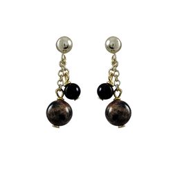 6Mm Poppy Jasper And 4Mm Black Semi Precious Ball On Gold Tone Sterling Silver Ball Post Earrings -0